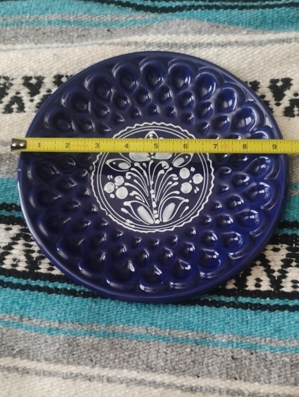 Vintage Blue Ceramic Plate with White Floral Medallion